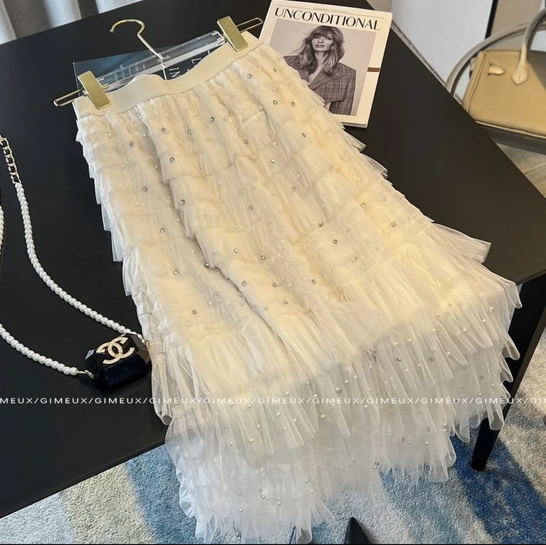 JOJO【750-799】2025秋冬新款法式网纱拼接重工钉珠蛋糕半身裙