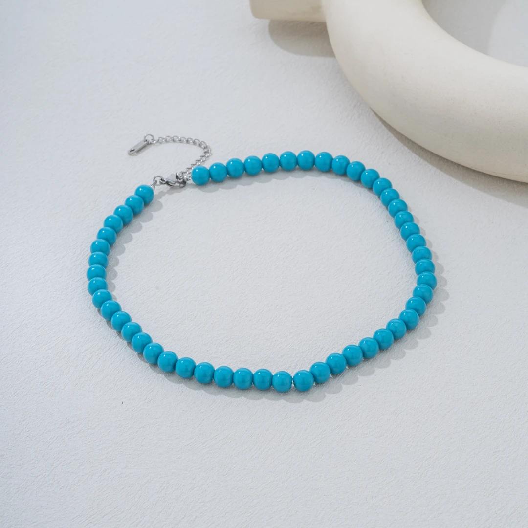 铜合金树脂项链 复古简约小众高级感复古蓝色串珠项链