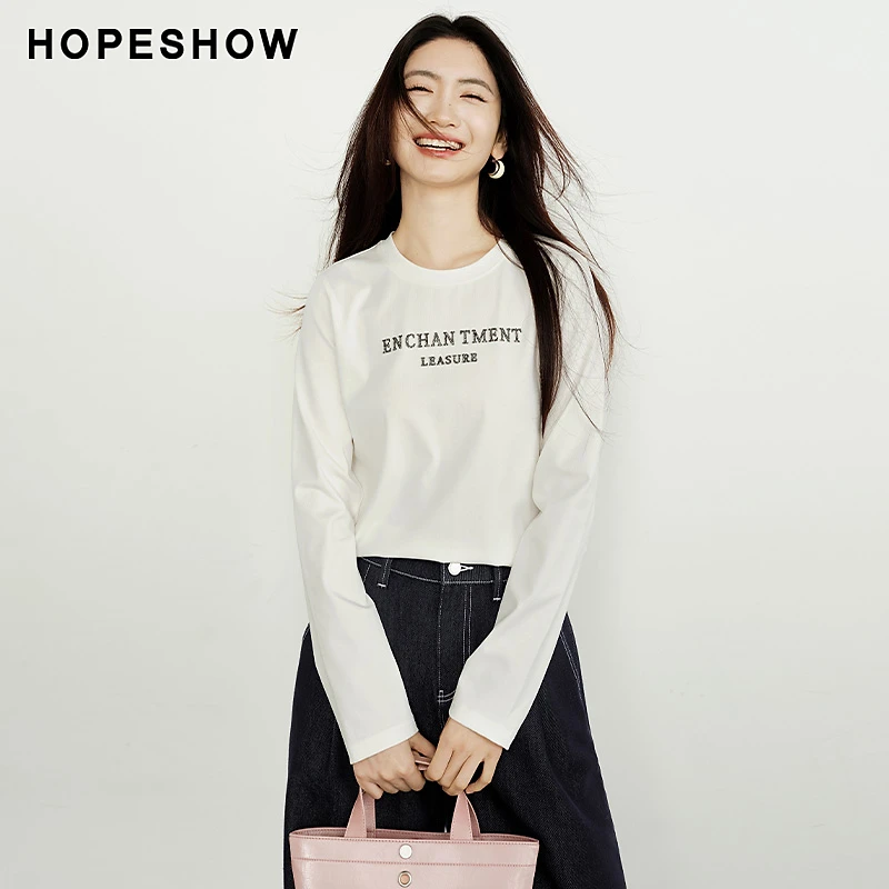 红袖2026春季女装 闪光烫片字母印花正肩长袖圆领T恤90126470202