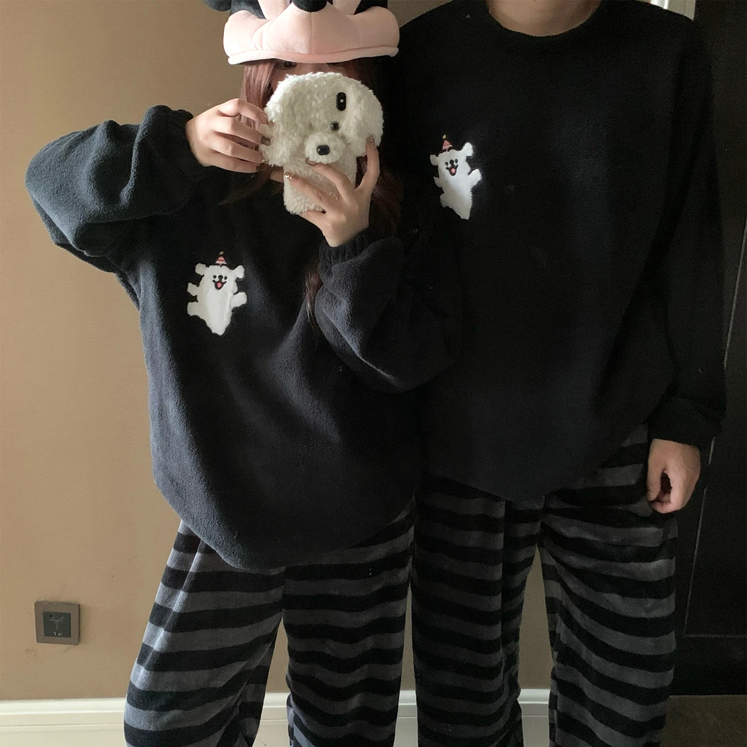 米粒绒情侣睡衣女士秋冬季加厚珊瑚绒2025新款男士条纹套装家居服