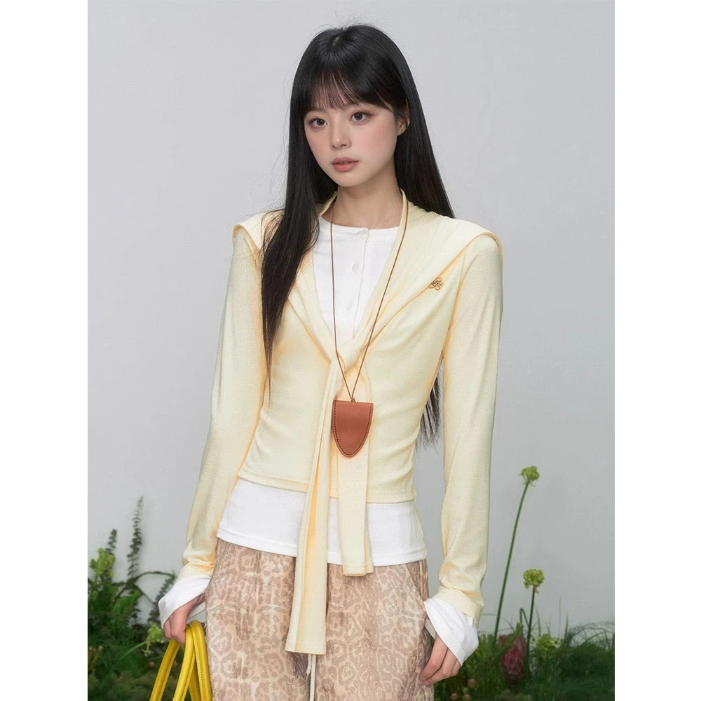 黄色两件套披肩系带修身打底衫女2025春季新款假两件长袖t恤上衣