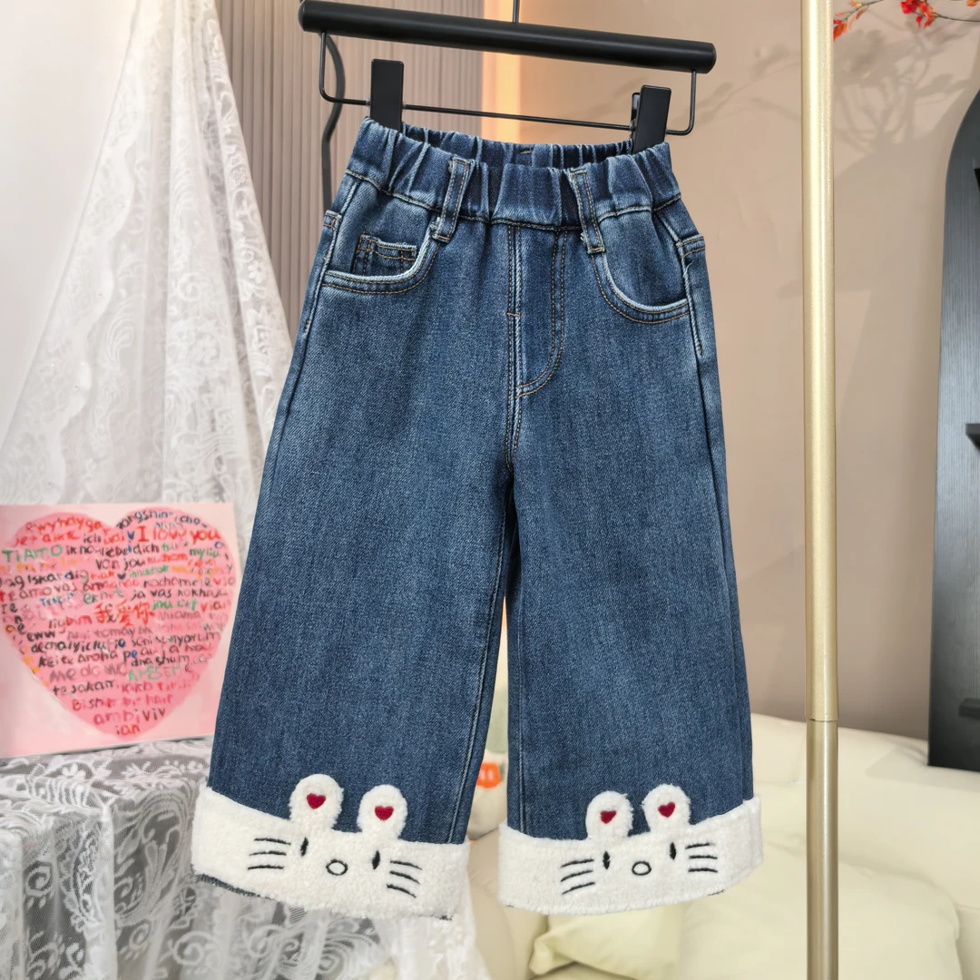 女童加绒裤子2025秋冬季新款时尚百搭加厚牛仔裤女宝洋气阔腿裤