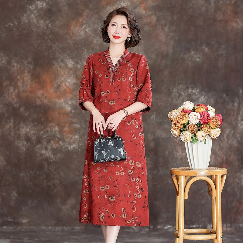 齐黛香云纱高端连衣裙正品旗舰店女2025新款V领宽松真丝桑蚕丝裙