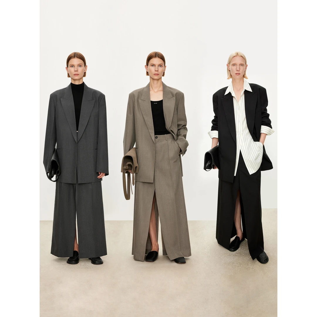 JOC专柜意大利精纺羊毛多穿造型后扣式極简西装/解构开叉裤裙