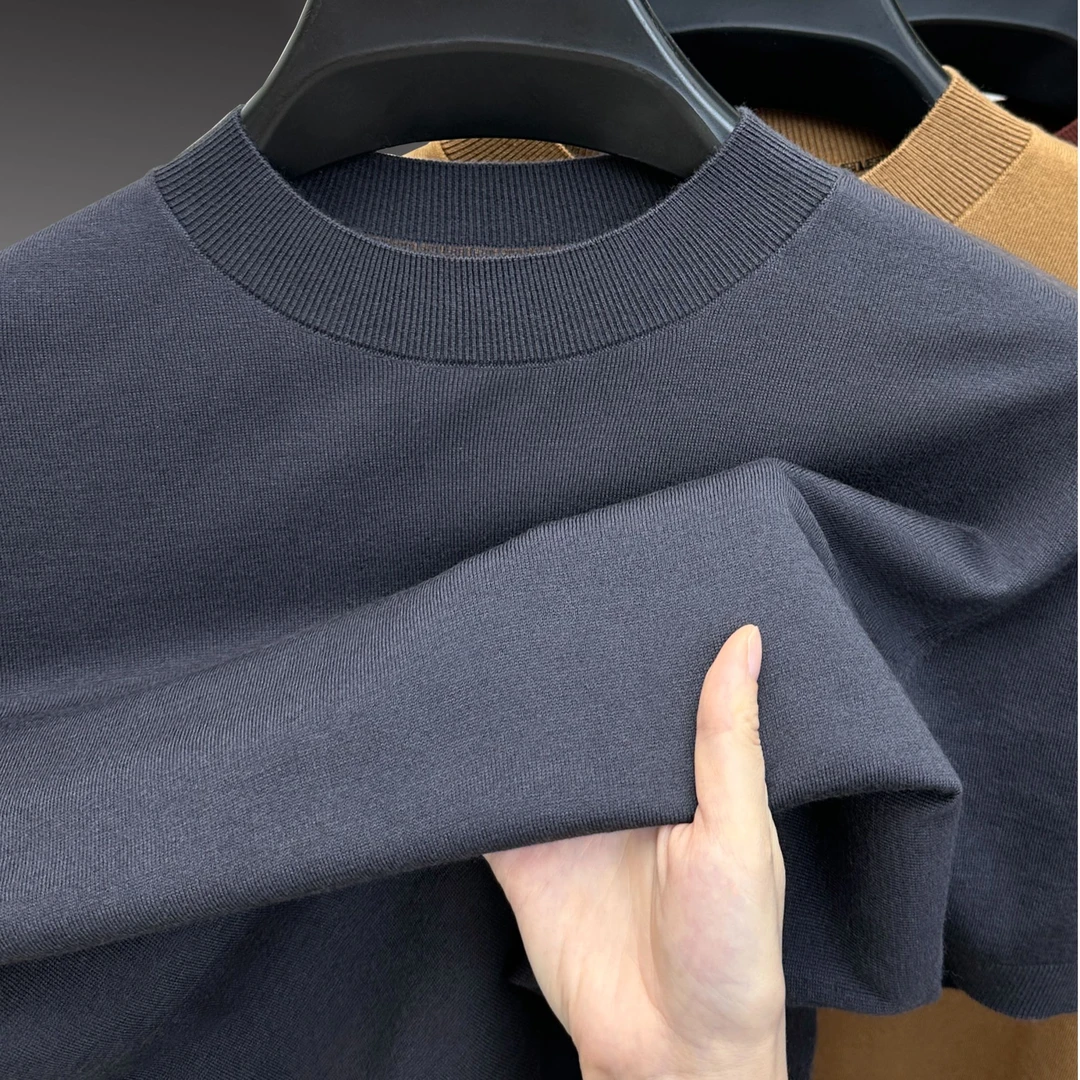 John Bunni半高领短袖毛衣男士春秋季内搭商务休闲打底衫针织T恤