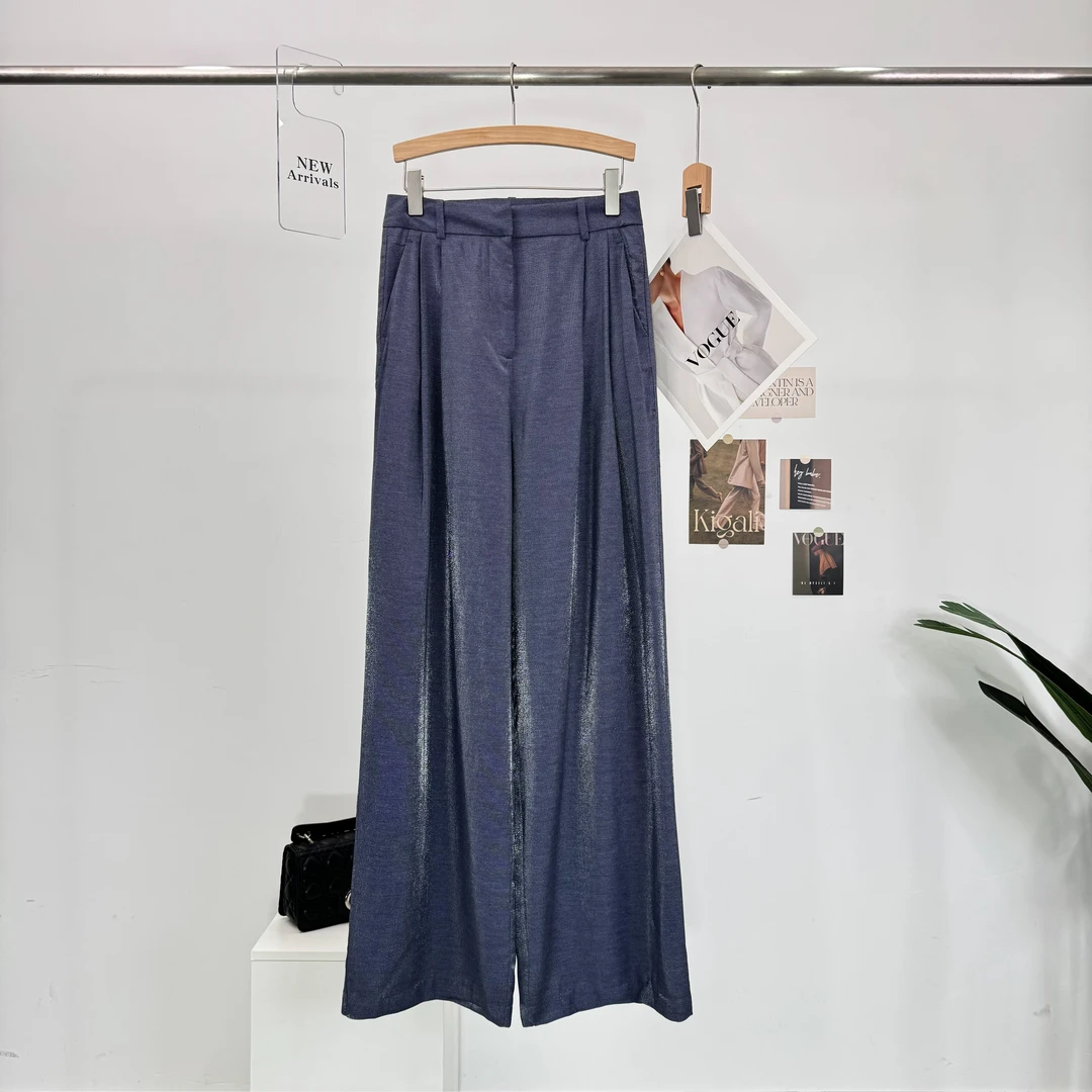 B295春秋财阀千金女装气质蓝色高腰直筒时尚女装休闲百搭阔腿裤女