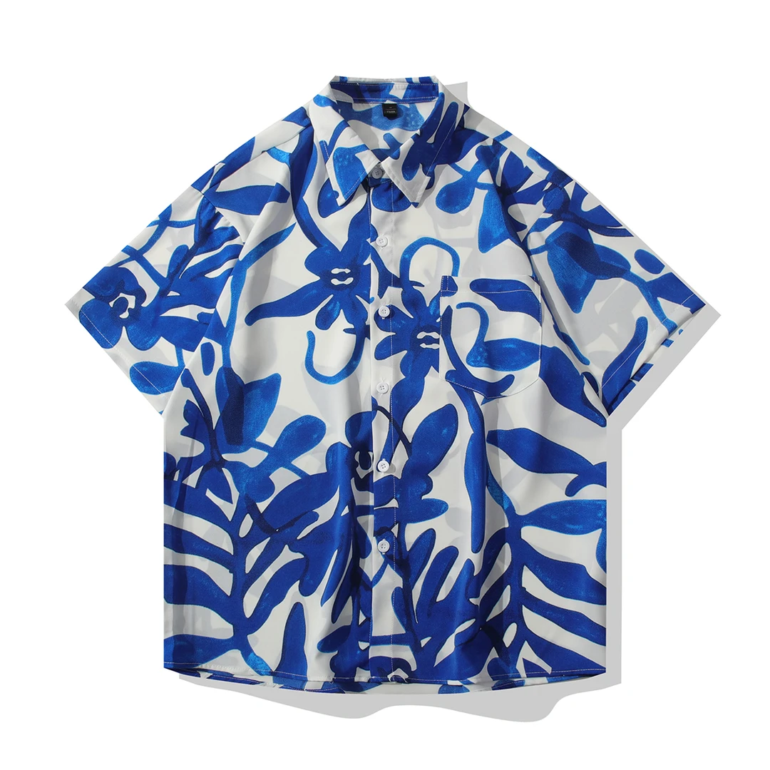 日系宽松印花衬衫男冰丝凉感沙滩短袖设计感小众港风复古休闲衬衣