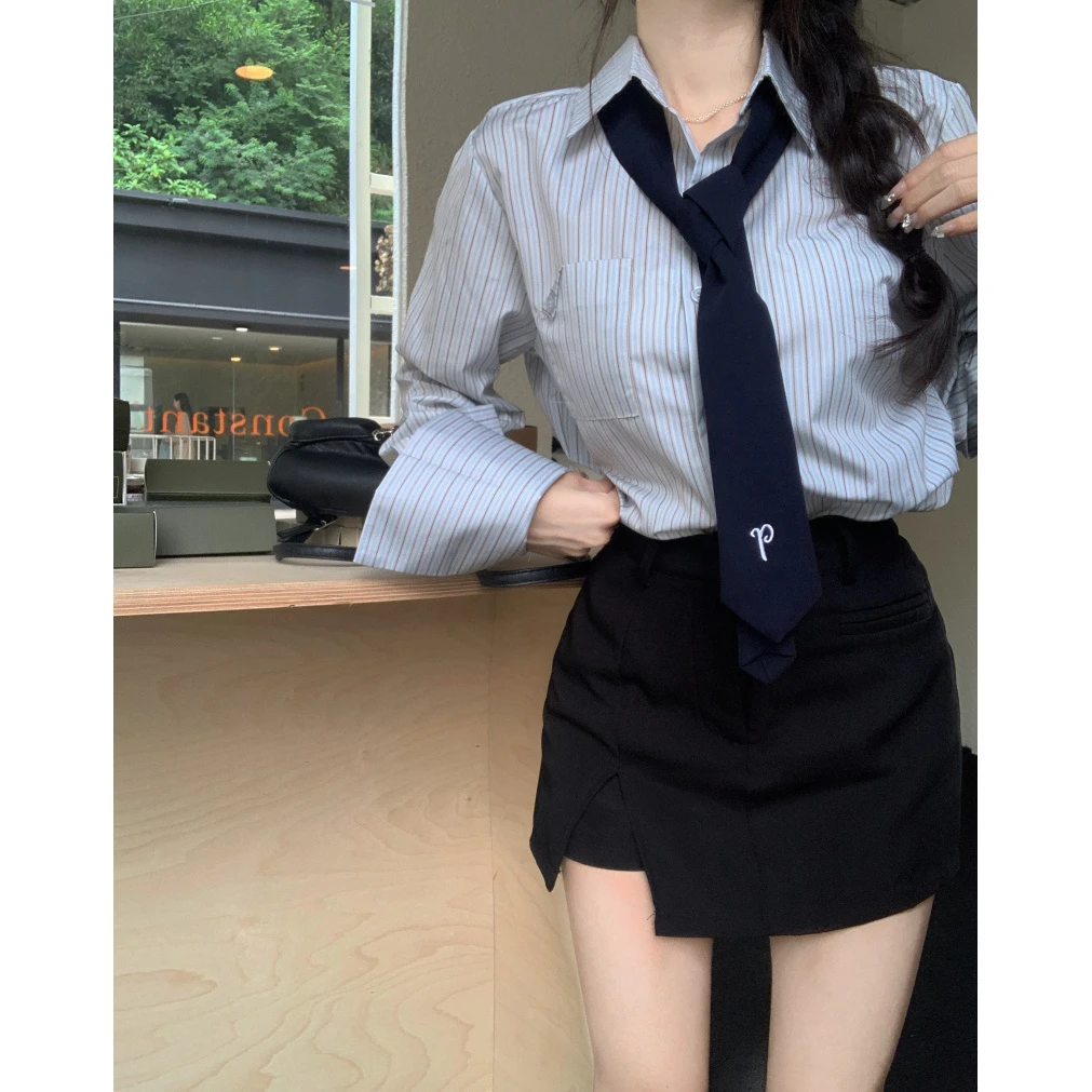 学院风套装女条纹Polo领长袖衬衫早春高腰半身裙短裙裤时尚两件套