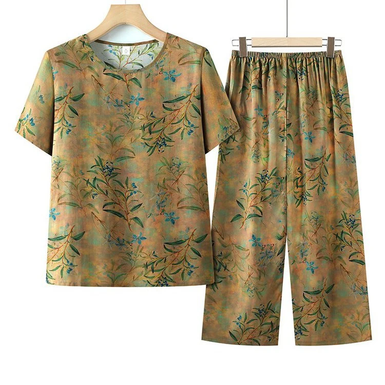 老年人奶奶夏装套装妈妈绵绸短袖两件套中老年女上衣老年太太衣服