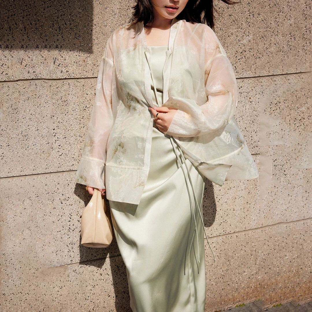 PLUSMALL 空山竹韵 提花欧根纱拼接国风系带宽松外套PLUS2503125