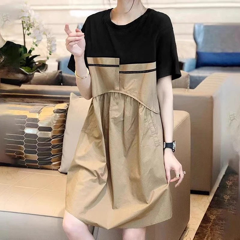 2024 日系时髦拼接短袖休闲直筒中长裙减龄连衣裙
