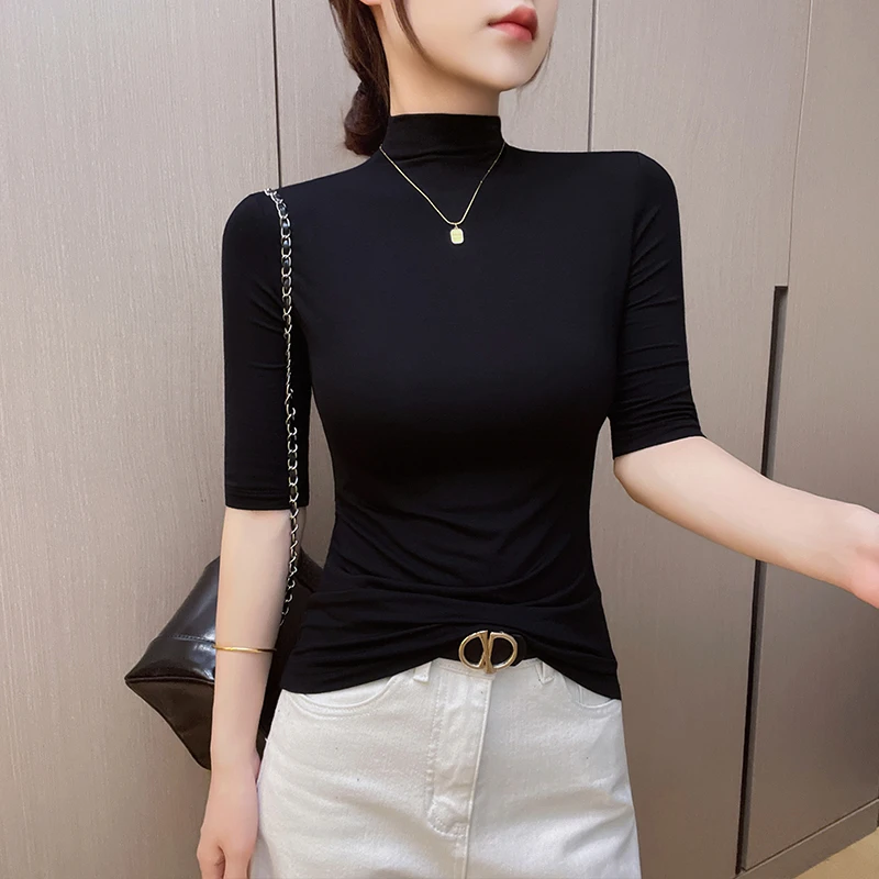 春秋新款高档半高领黑色五分袖打底衫女日常通勤中袖内搭内搭女