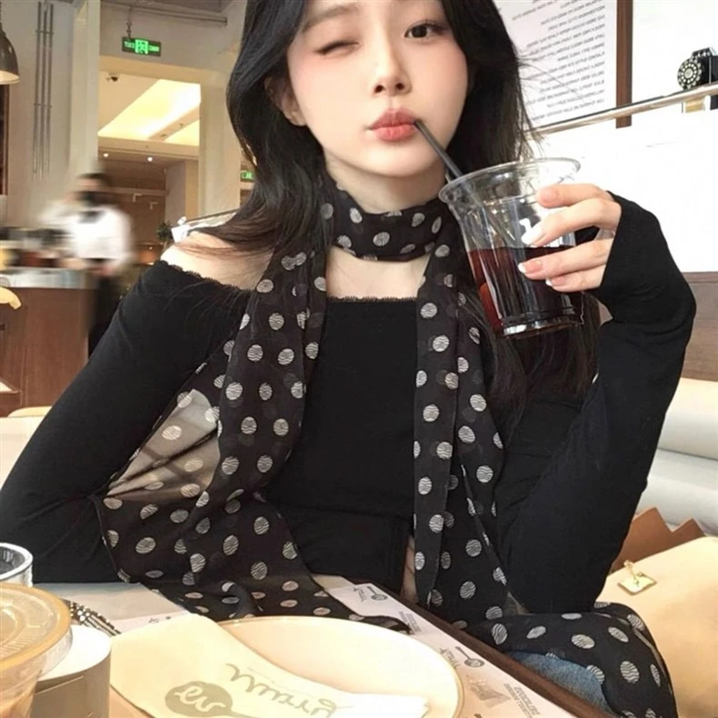【聚鑫】棕色波点丝巾印花高级百搭丝带长围巾复古轻奢时尚气质配饰