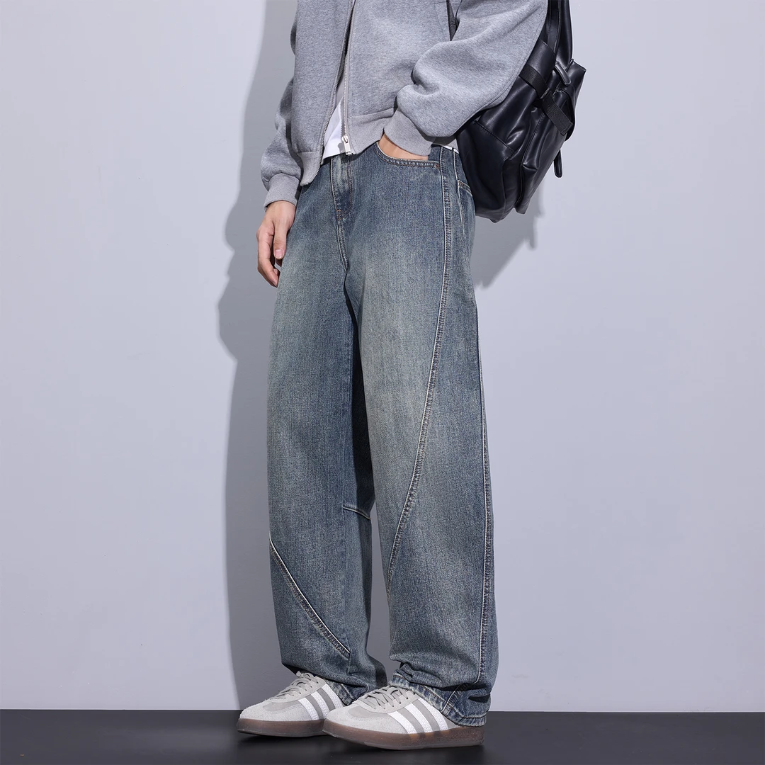 Kuvine秋季新款弯刀牛仔裤男美式潮牌痞帅复古水洗直筒宽松阔腿裤