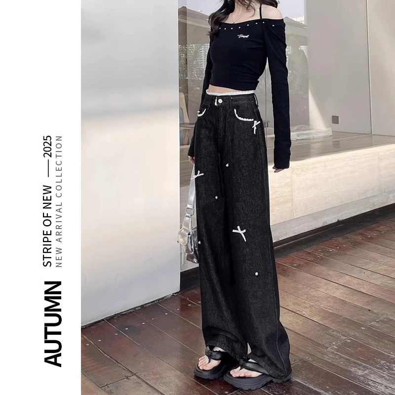 蕾丝花边阔腿牛仔裤女春秋爆款珍珠蝴蝶结垂感显高显瘦休闲直筒裤