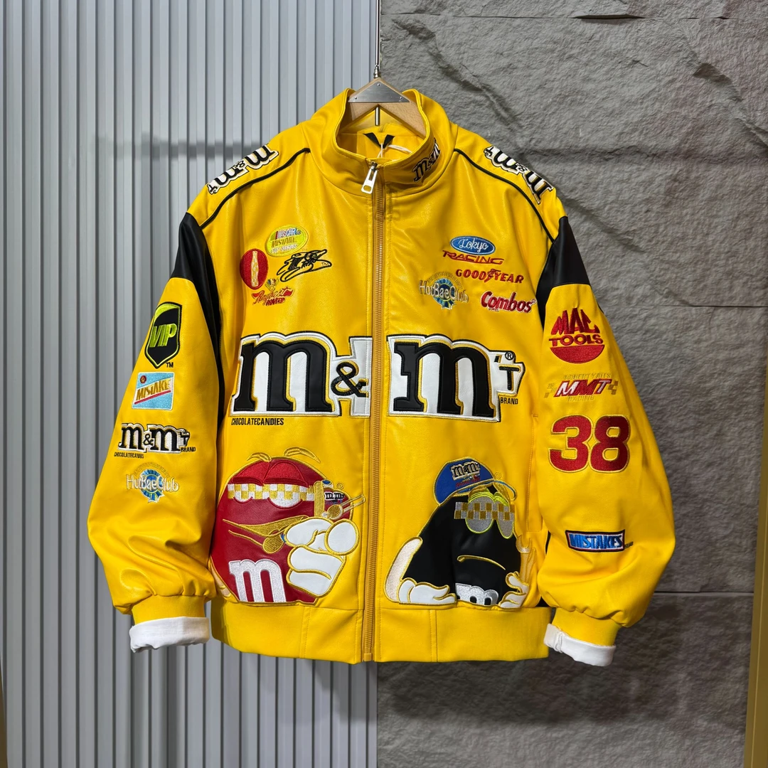 冬款重工刺绣情侣棉服PU夹克宽松复古潮牌棒球服冬机车服棉衣外套