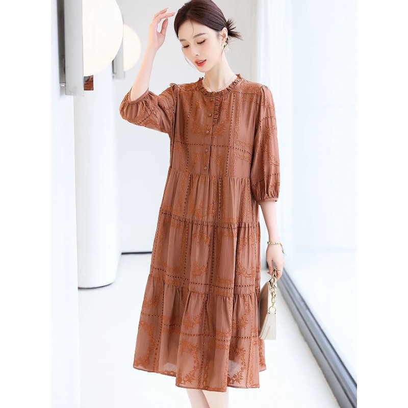 2025新款真丝连衣裙夏修身丝绸中长款刺绣气质宽松显瘦桑蚕丝裙子