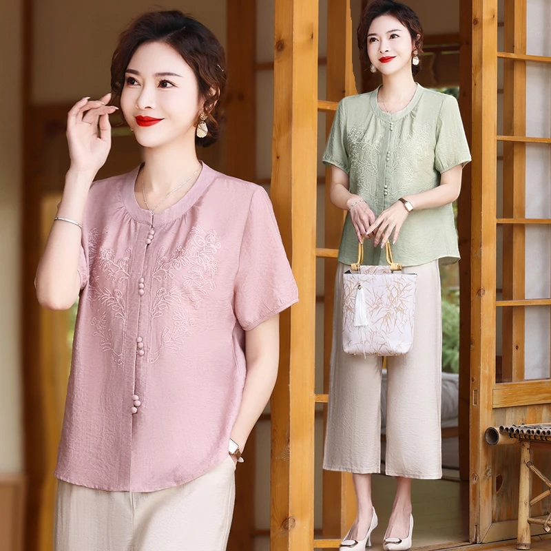 妈妈气质新中式国风短袖女夏装套装中老年夏季洋气上衣宽松两件套