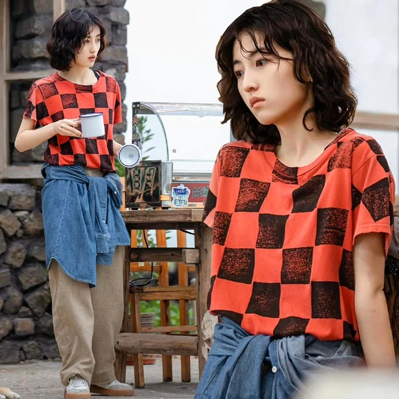 向往的生活张子枫明星同款棋盘格子方格短袖衣服女夏款T恤上衣服