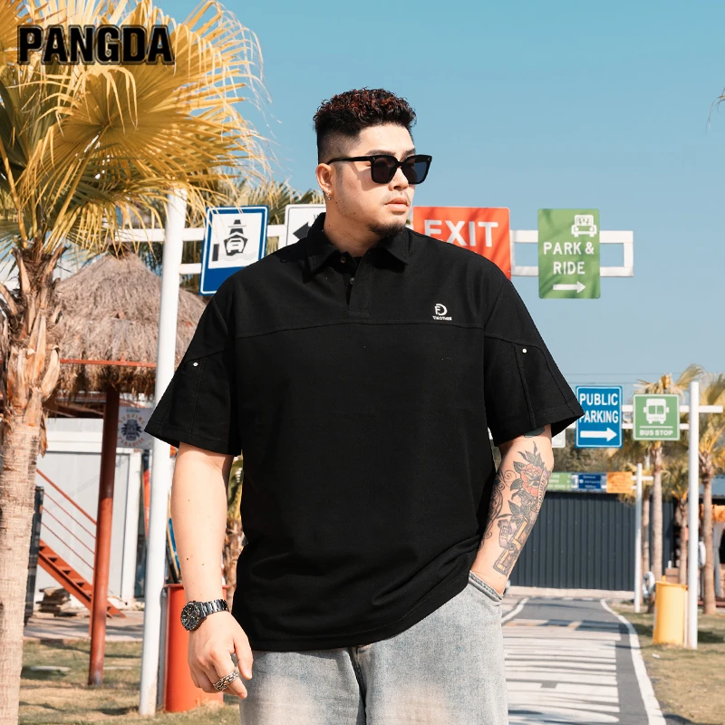 【拼接铆钉POLO短袖】PANGDA大码男夏T恤加肥加大弹力翻领宽松半袖