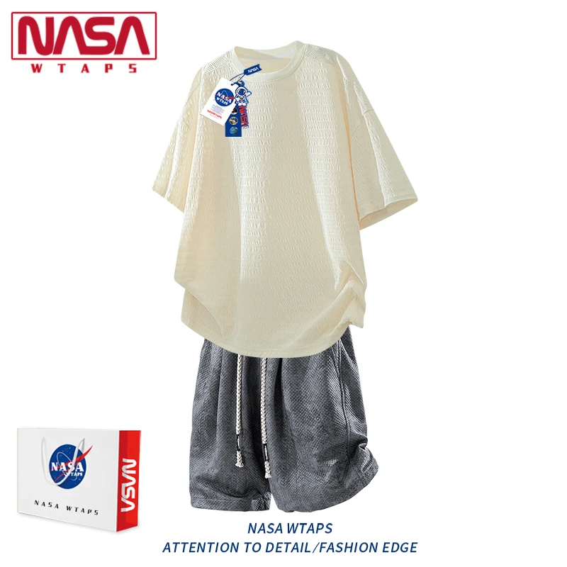 NASA WTAPS提花短袖t恤套装男士夏季薄款透气肌理感休闲扎染短裤