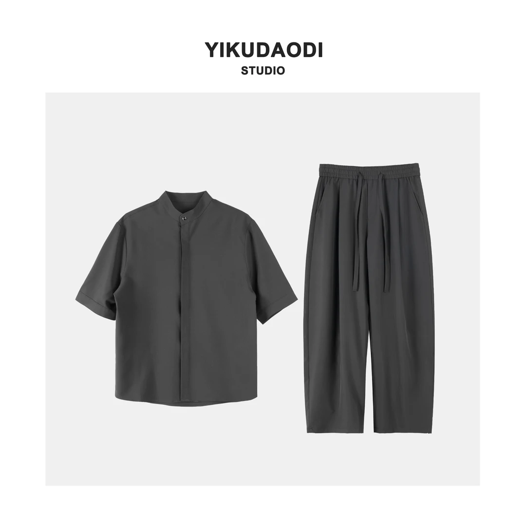 【夏季新款】立领轻薄夏季凉感速干短袖衬衫长裤休闲套装@576