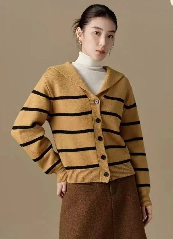 秋冬新款宽松条纹针织羊毛开衫