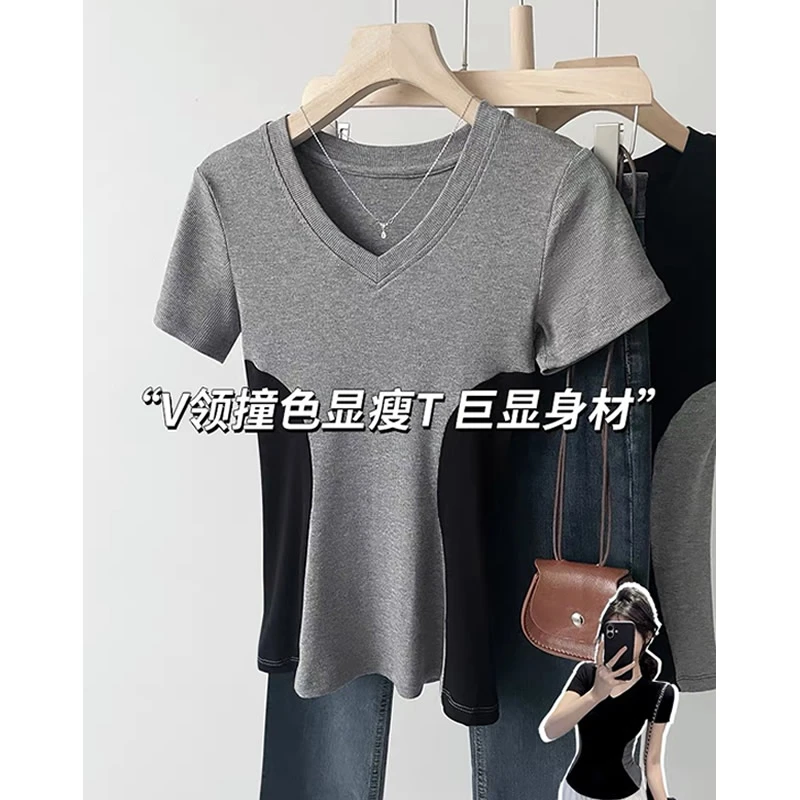 【高品质】拼接撞色V领正肩短袖T恤女夏季2025新款修身显瘦上衣