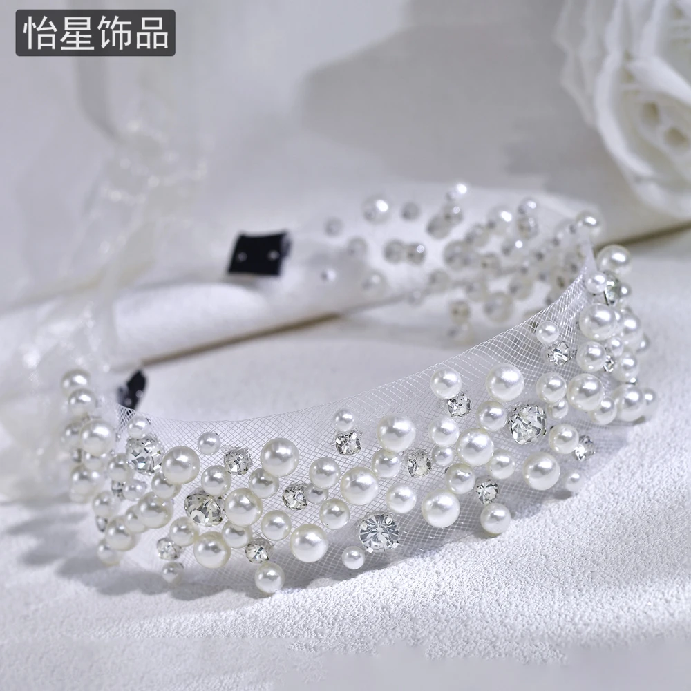 怡星水钻珍珠水晶宽边发箍手工编织新娘头饰高级优雅时尚发饰A291