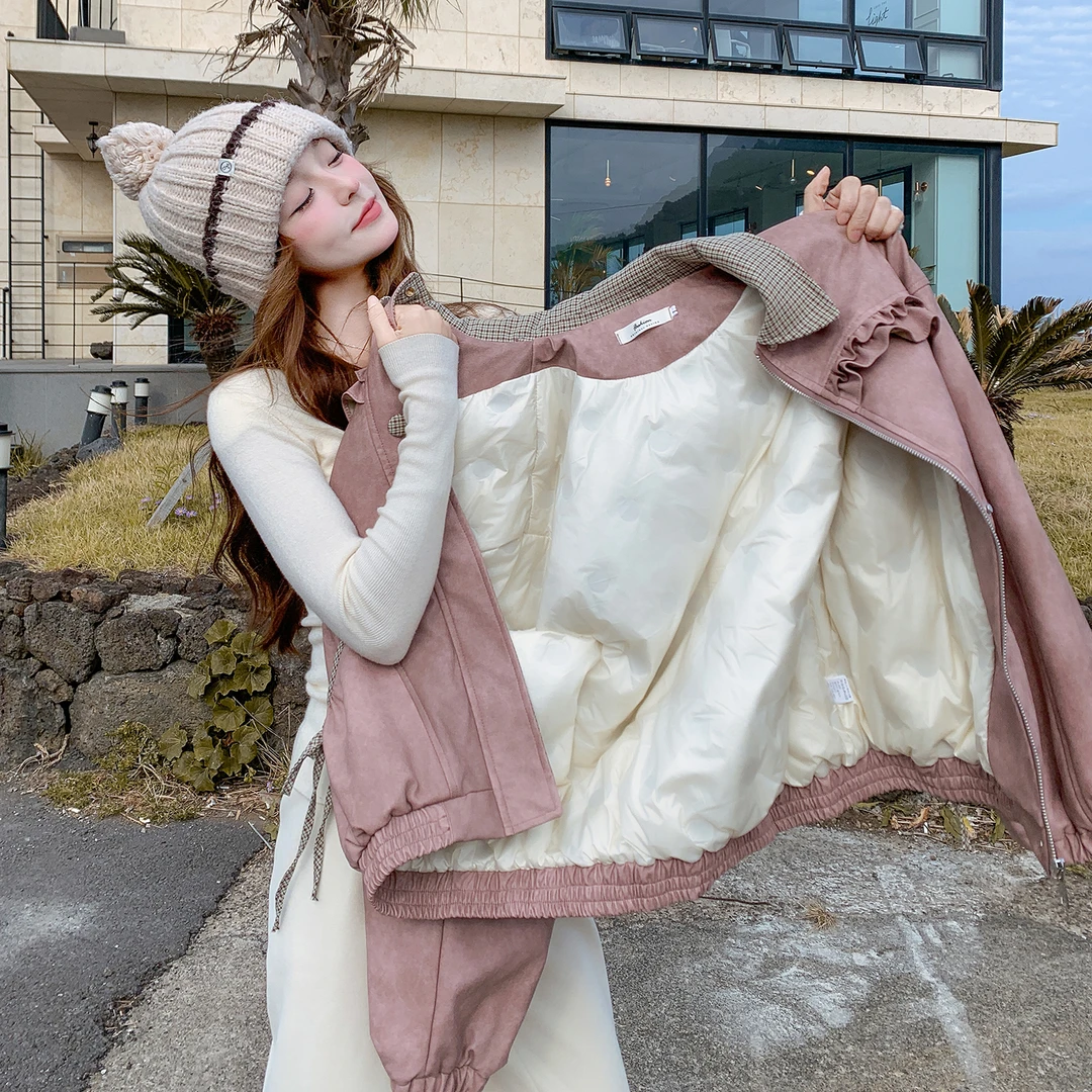 粉色少女感减龄羽绒内衬皮衣外套2025冬季新款甜酷学院风格纹夹克