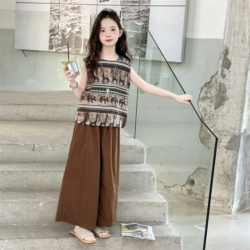 女童夏季套装2025新款慵懒风复古无袖印花上衣儿童阔腿裤两件套潮