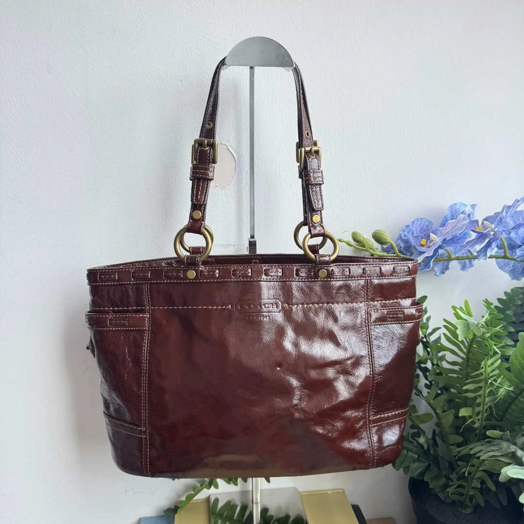 95新 COACH/蔻驰 中古红色油蜡皮托特手提腋下包054