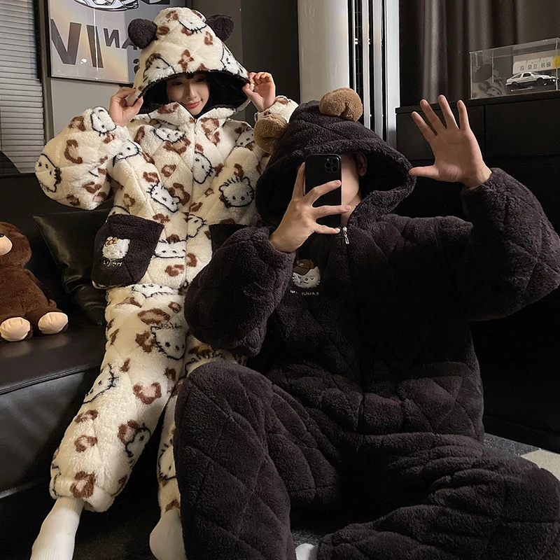 卡通KT猫情侣睡衣女款冬季湖南省服三层夹棉珊瑚绒保暖男士家居服