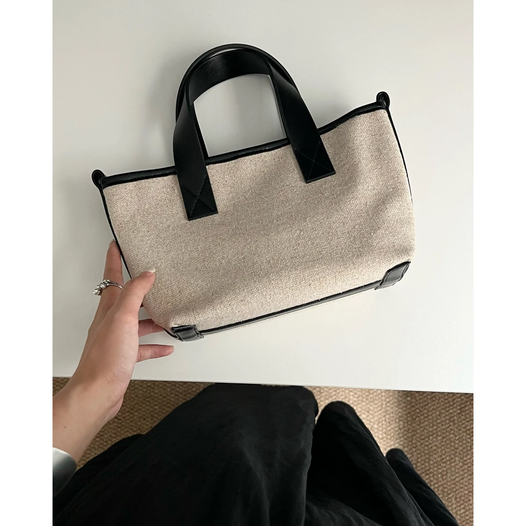 韩国西西里 小众原创自制高级感亚麻手提小托特包单肩斜挎包包女