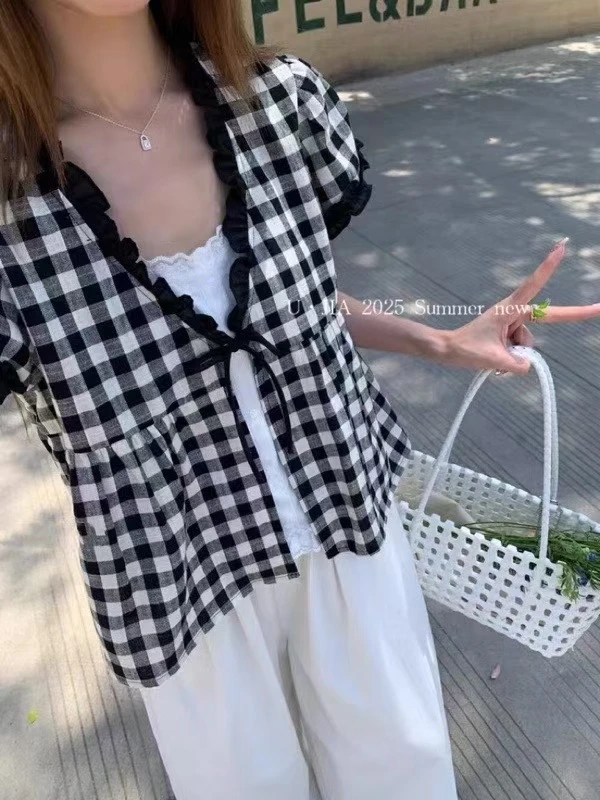 夏季新款法式格子泡泡袖假两件宽松显瘦百搭甜美女士衬衫