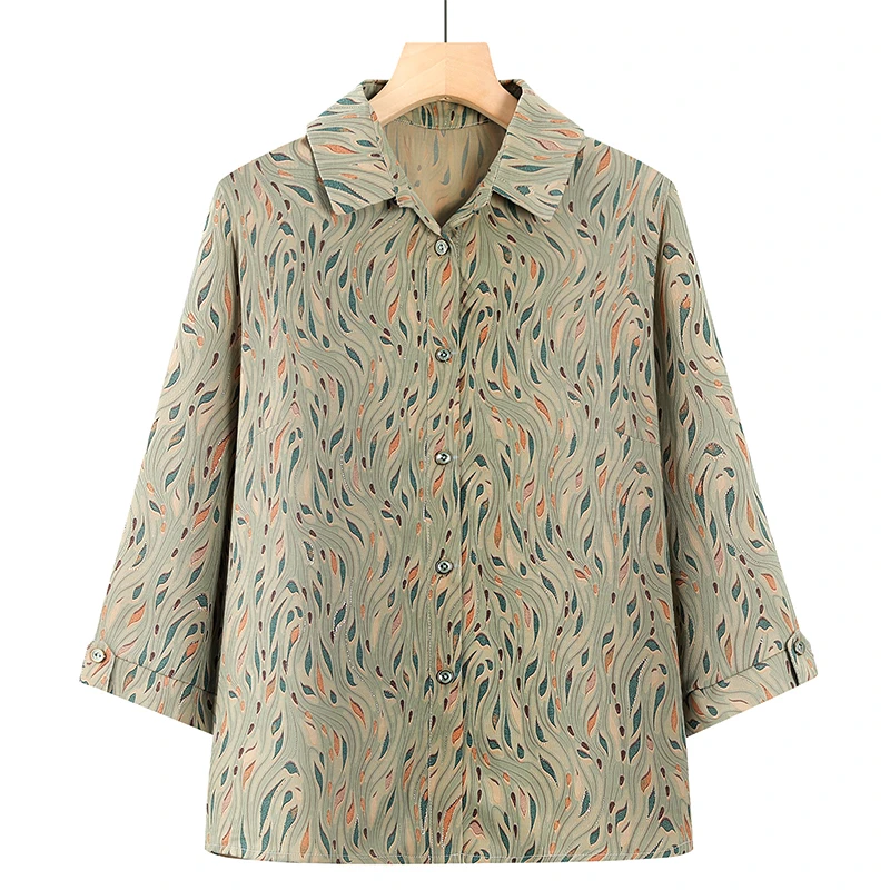 中老年妈妈装奶奶装夏款2509款薄款气质时尚简约小方领七分袖衬衫