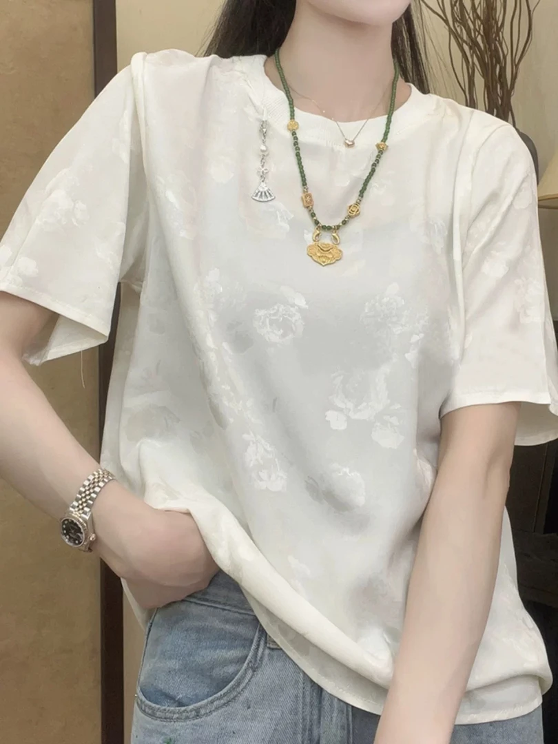 玫瑰系列-新中式中国风花萝气质百搭显瘦夏季透气短袖白色