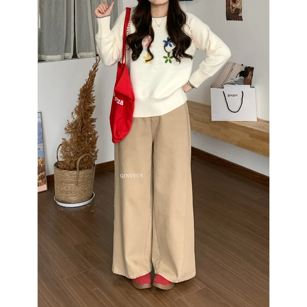 青屿衫-微胖大码冬季美式复古卡其色高腰加厚直筒休闲阔腿长裤子