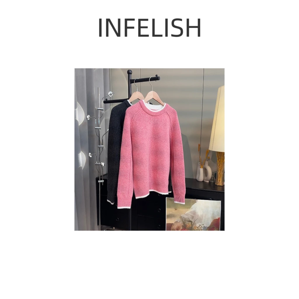 晓夏自制 “树莓粉毛衣” 超显白100%绵羊毛高克重软糯假两件针织衫