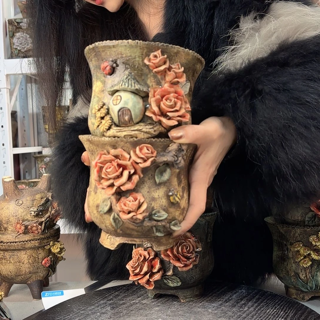 红陶懒*洋青默花器麦饭石花盆