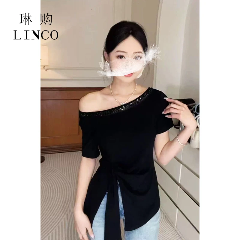 纯欲风不规则一字领亮片短袖上衣51319款