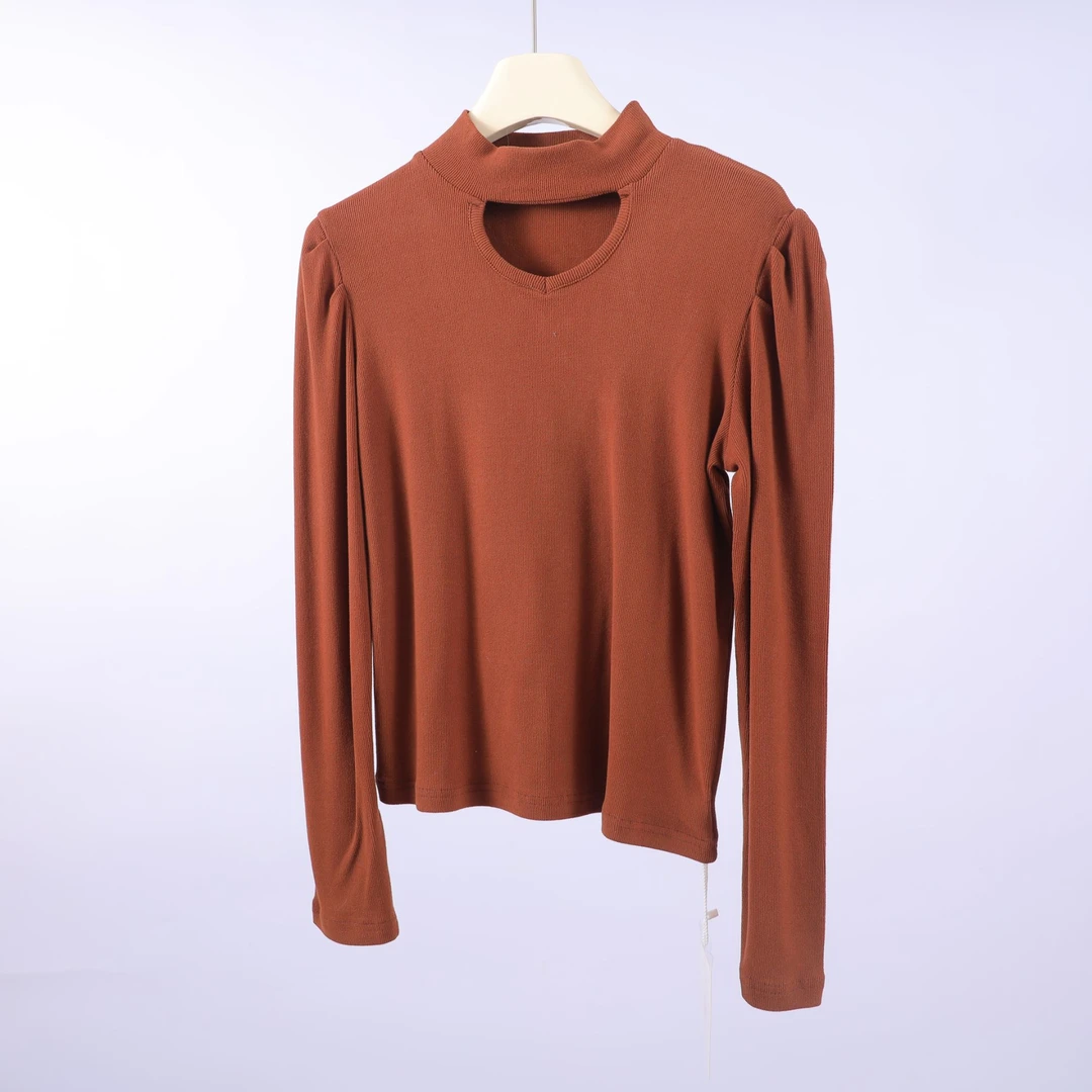 R-8394 舒适软糯！秋冬女士时尚简约纯色修身圆领打底衫长袖T恤