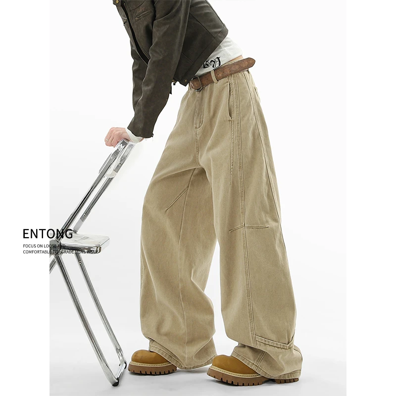 Entong美式cleanfit卡其色复古工装弯刀牛仔裤男款显瘦直筒长裤子