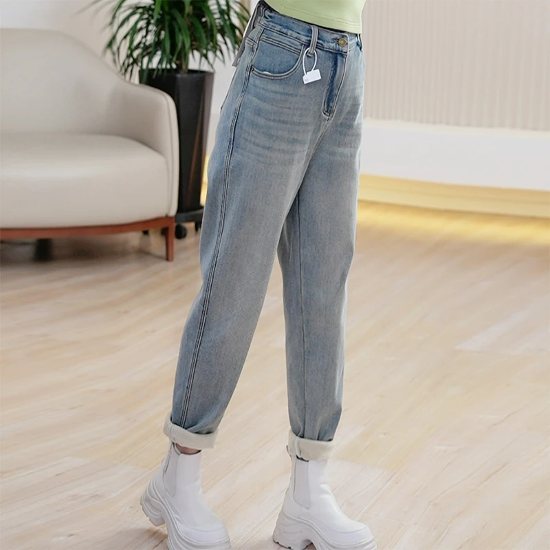 加绒直筒牛仔裤女大码弹力百搭冬季休闲哈伦九分高腰遮胯窄版长裤