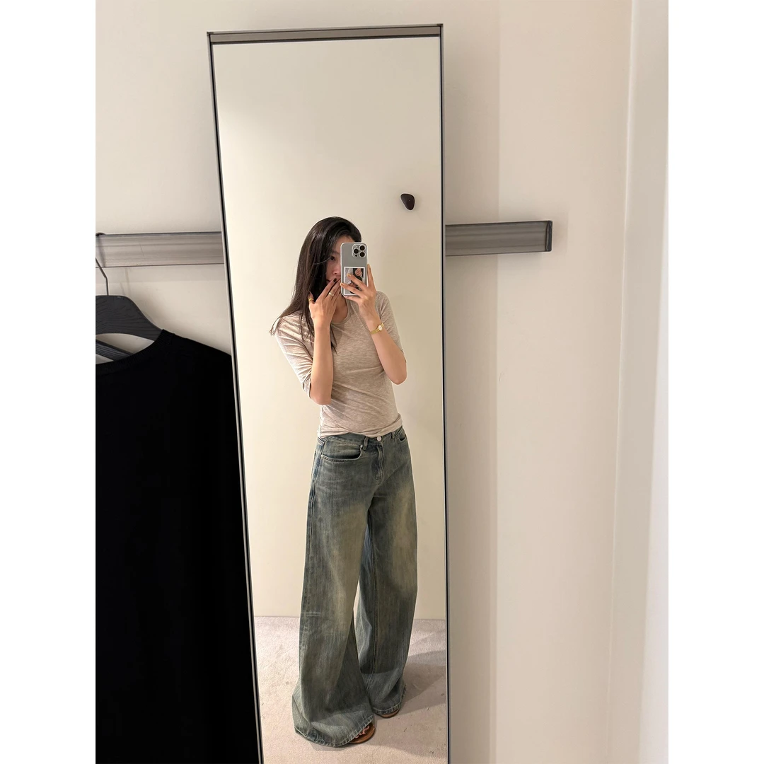 周淼 【巴家竹节纹】做旧微喇阔腿裤 修身低腰牛仔裤女ZM25N5163J