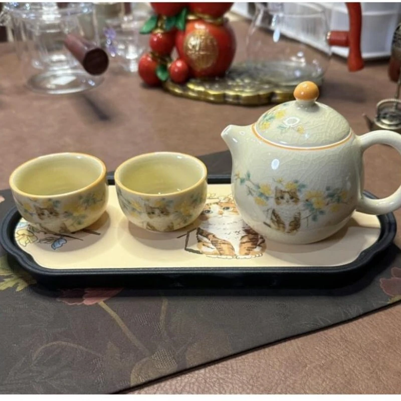 哥窑手工龙蛋壶陶瓷可爱猫咪茶壶茶具泡茶壶家用两杯加茶盘0003