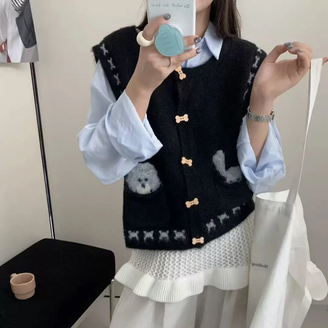 薄荷@10707 韩系设计感小狗骨头可爱毛衣马甲 9-13