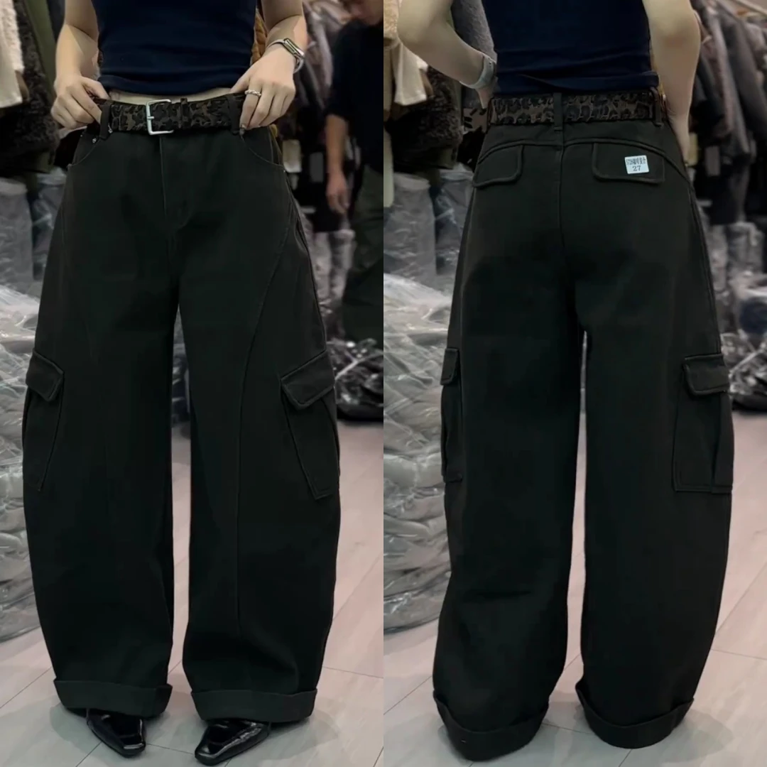 景倩妮潮流多口袋设计弯刀牛仔裤2025冬季新款加绒显瘦窄版阔腿裤