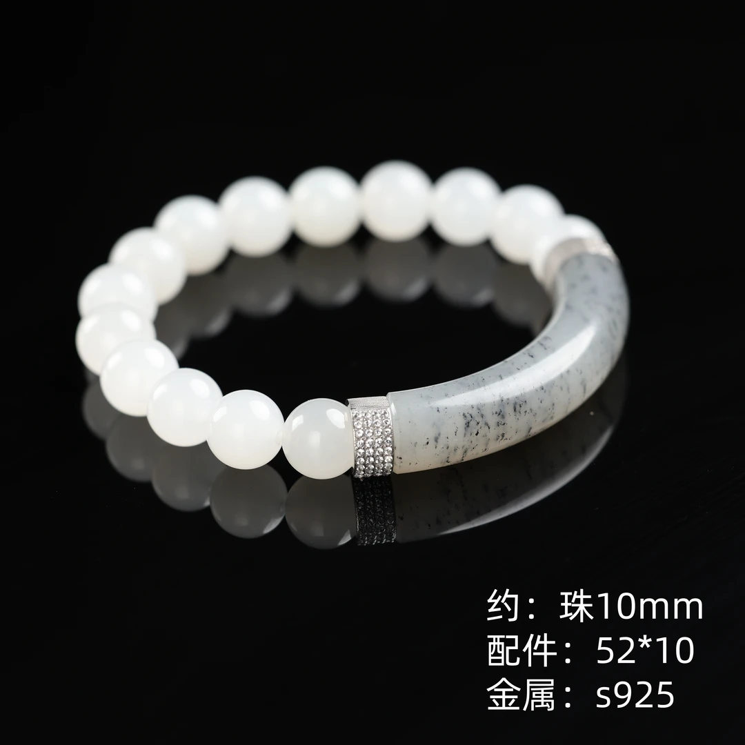 “月桥”严选和田玉点墨弯管青海白玉10mm手串多样性发其一