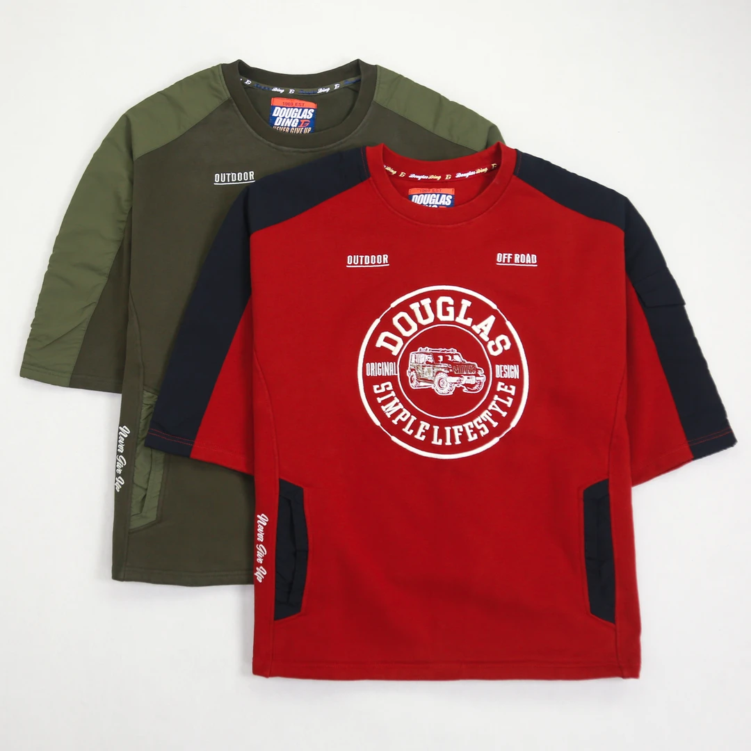 【道格拉斯】军绿红色带口袋暗纹尼龙拼接磨毛卫衣布圆领中袖DD324